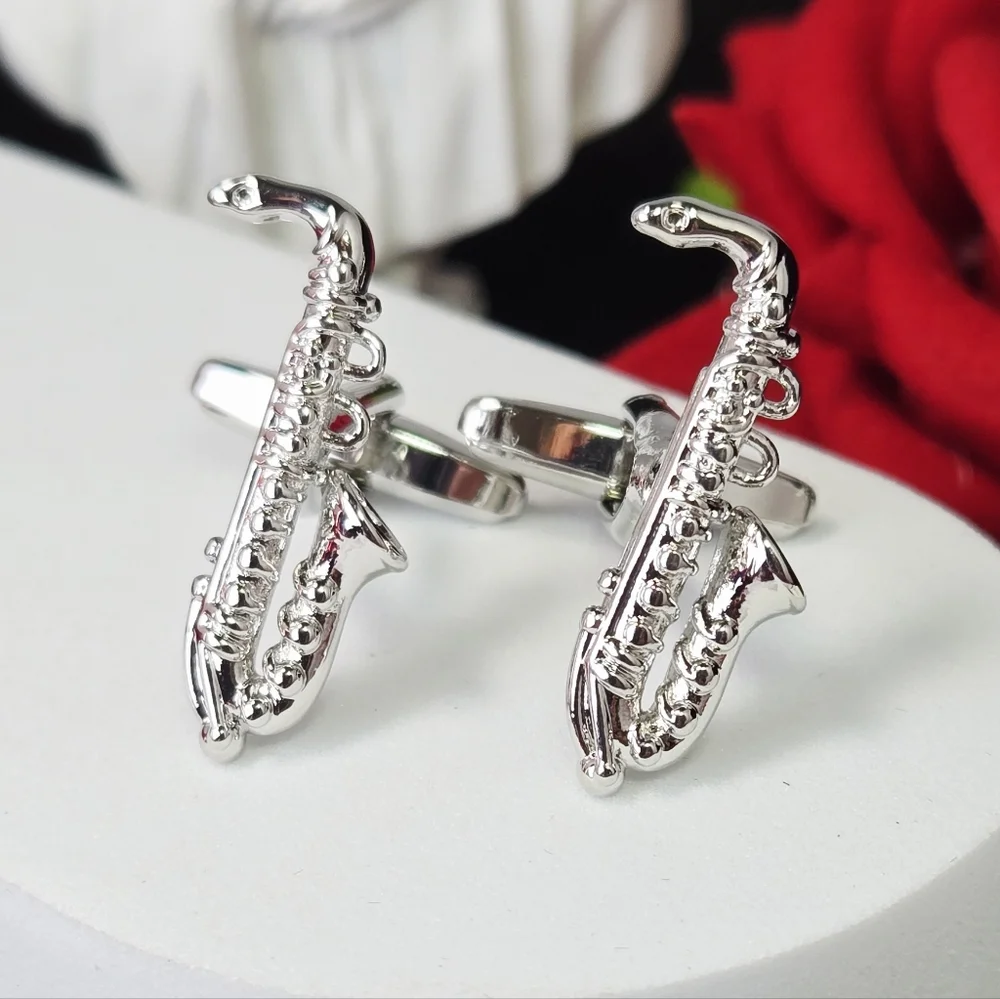 Silver Saxophone Cufflinks Music Instrument Jazz Band Formal Shirt Accessory